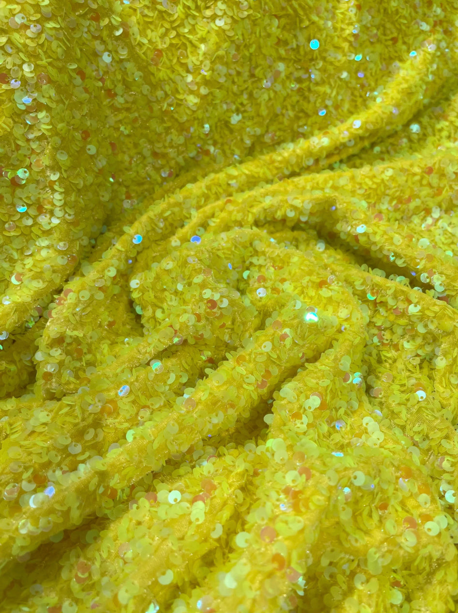 Yellow iridescent 4way stretch velvet sequins velvet great for dress prom jackets pants skirt and much more