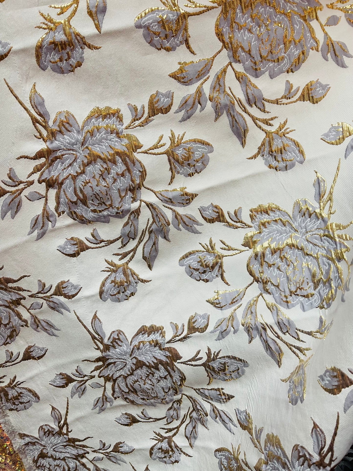 Designer silver with purple metallic flowers brocade mikado made in Italy