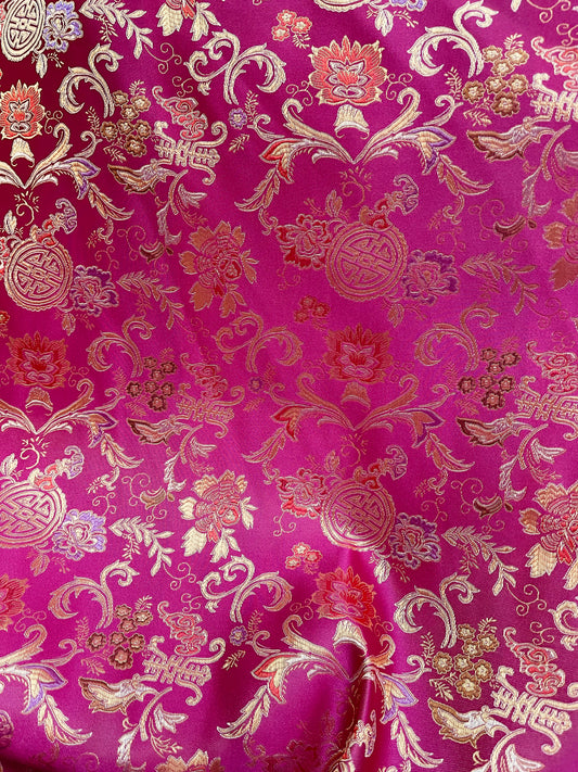 Hot pink and gold Japanese style designer satin Brocade great for dress jacket pants skirt and much more