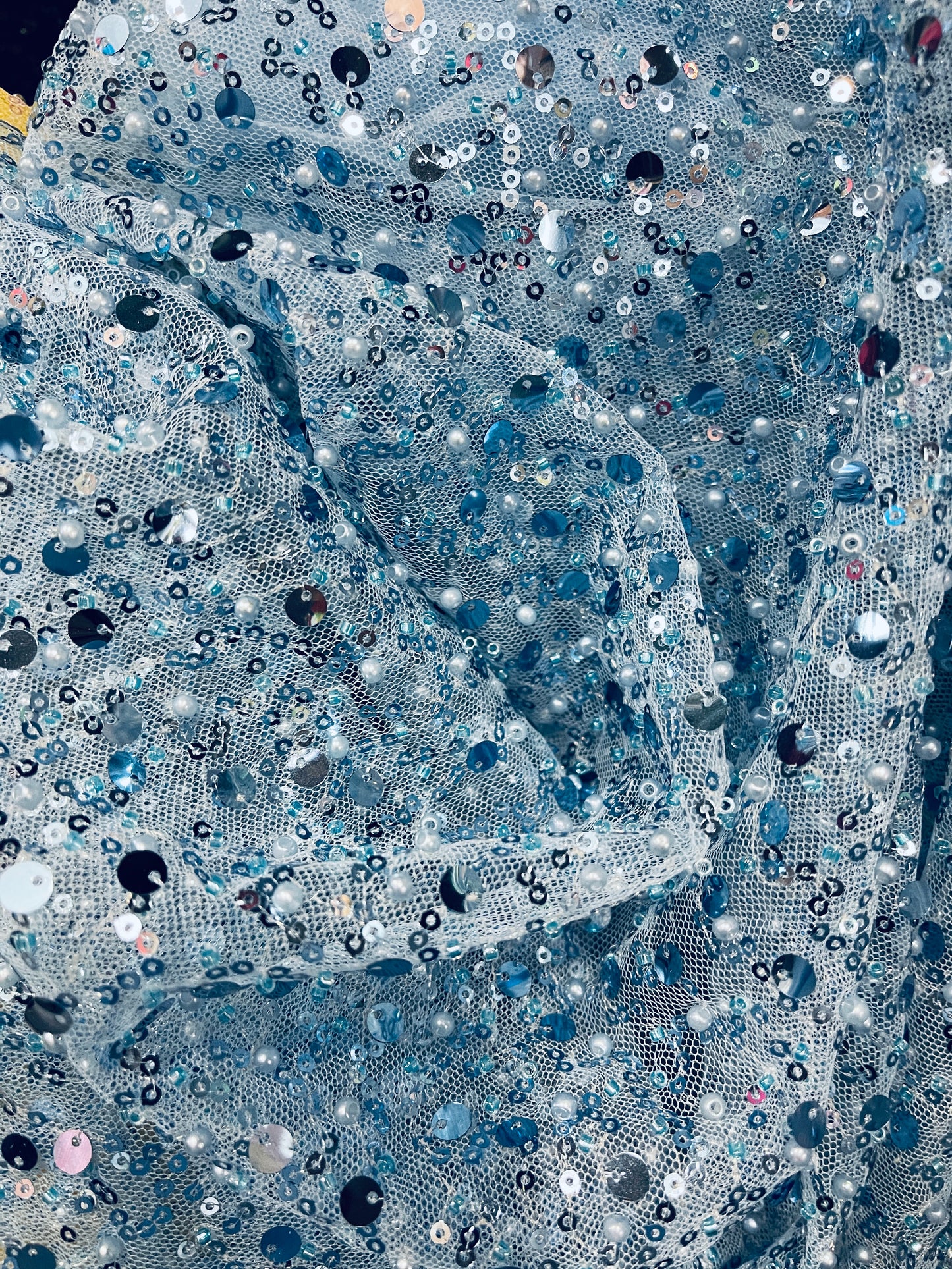 Babe blue beaded pores sequins lace made in France