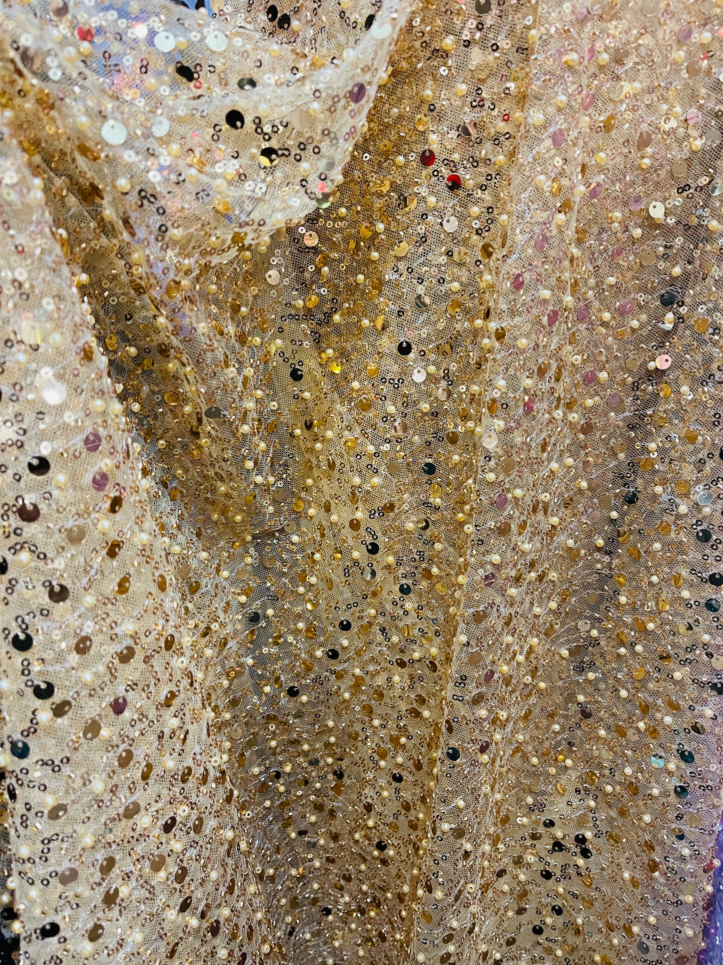 Gold beaded pores sequins lace made in France