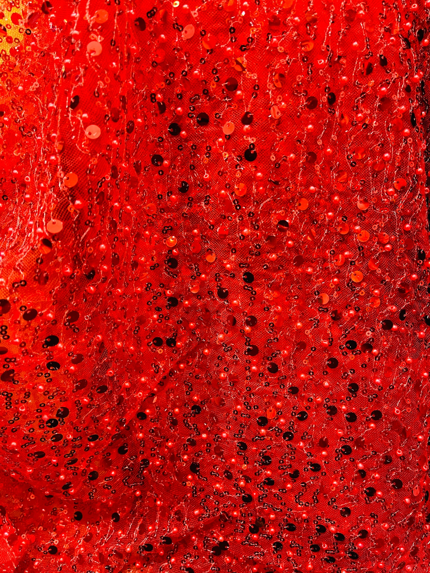 Red beaded pores sequins lace made in France