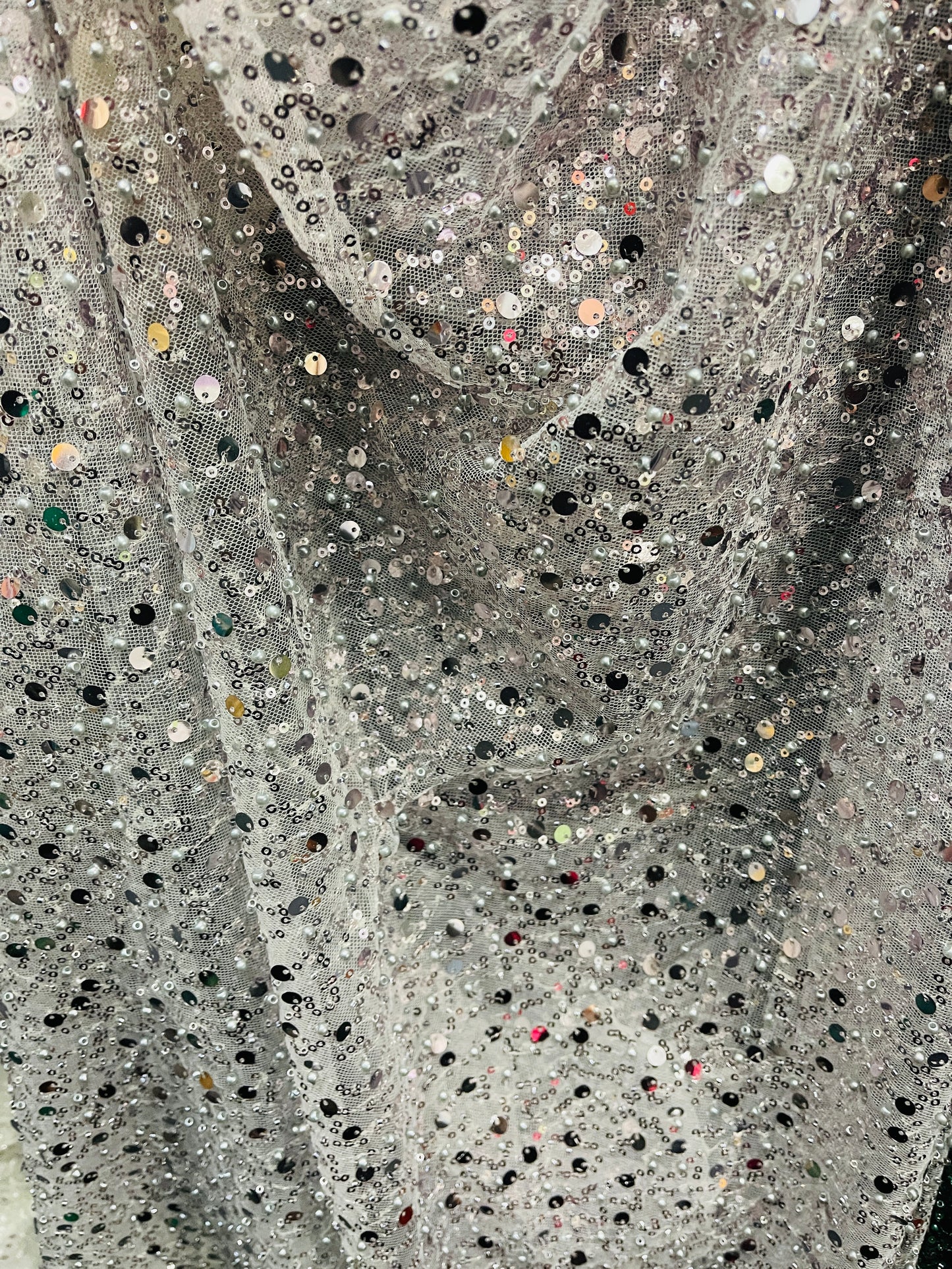 Silver beaded pores sequins lace made in France