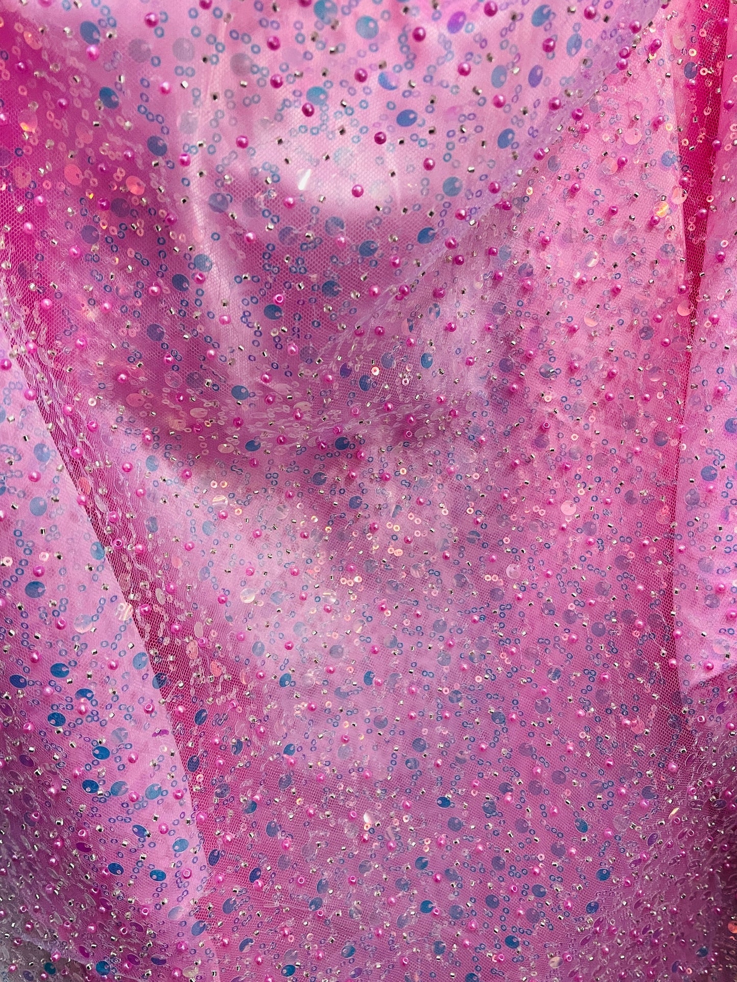 Bobble pink iridescent beaded pores sequins lace made in France