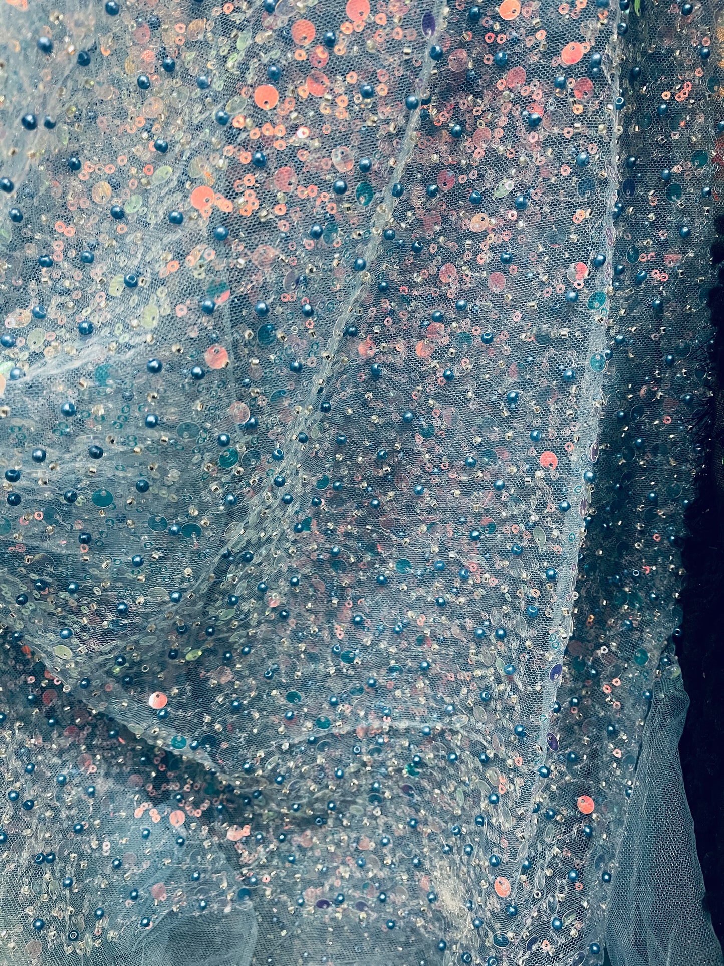 Babe blue iridescent beaded pores sequins lace made in France