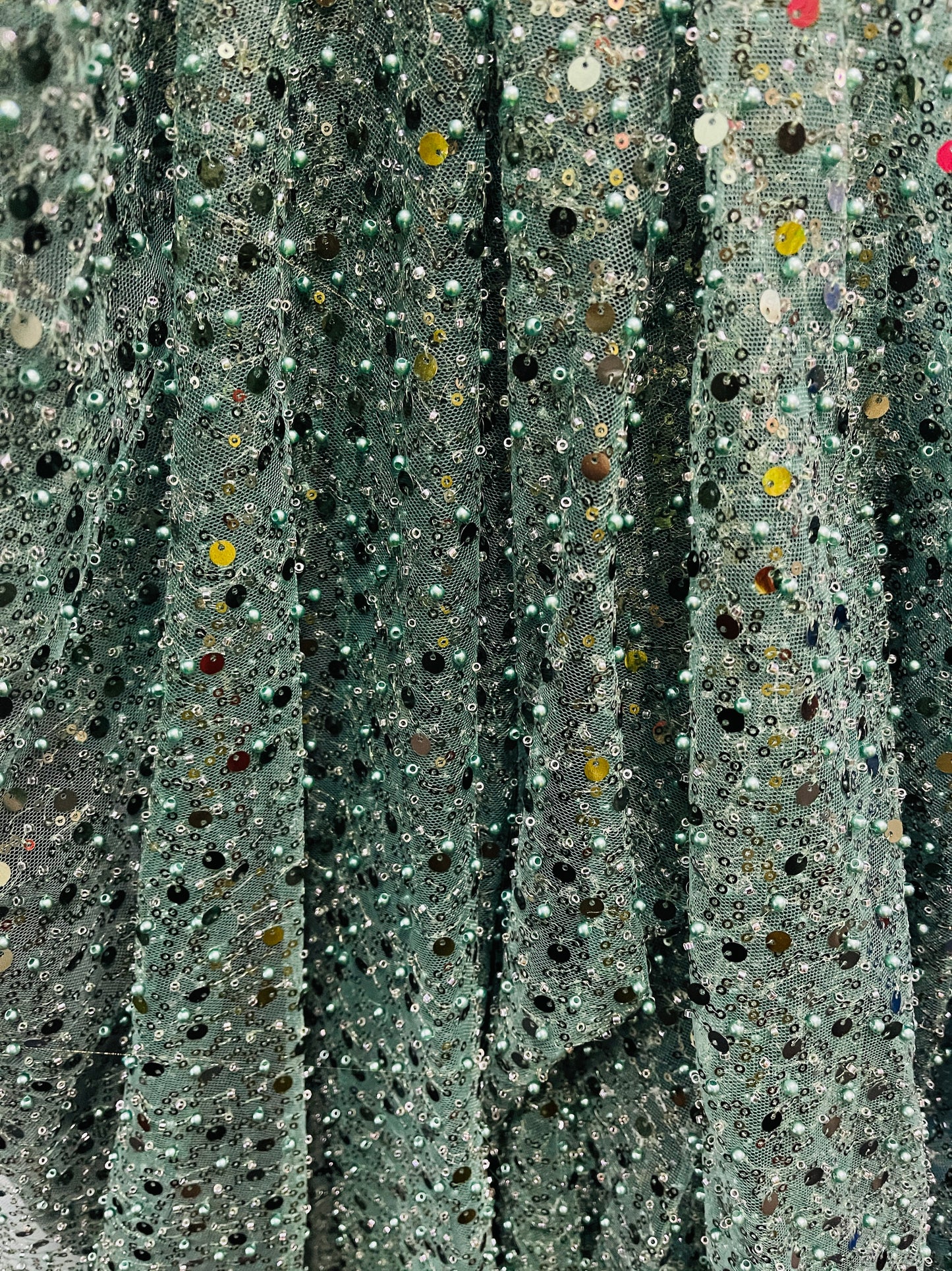 Hunter green beaded pores sequins lace made in France
