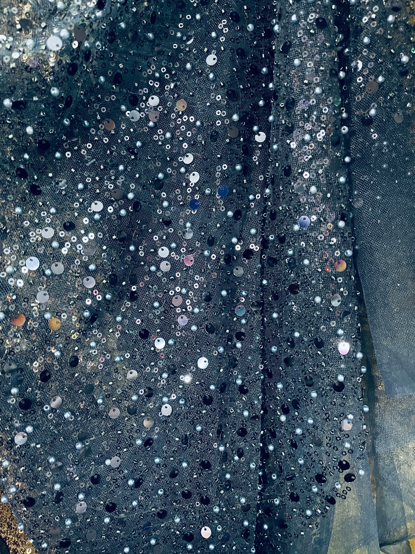 Navy blue beaded pores sequins lace made in France
