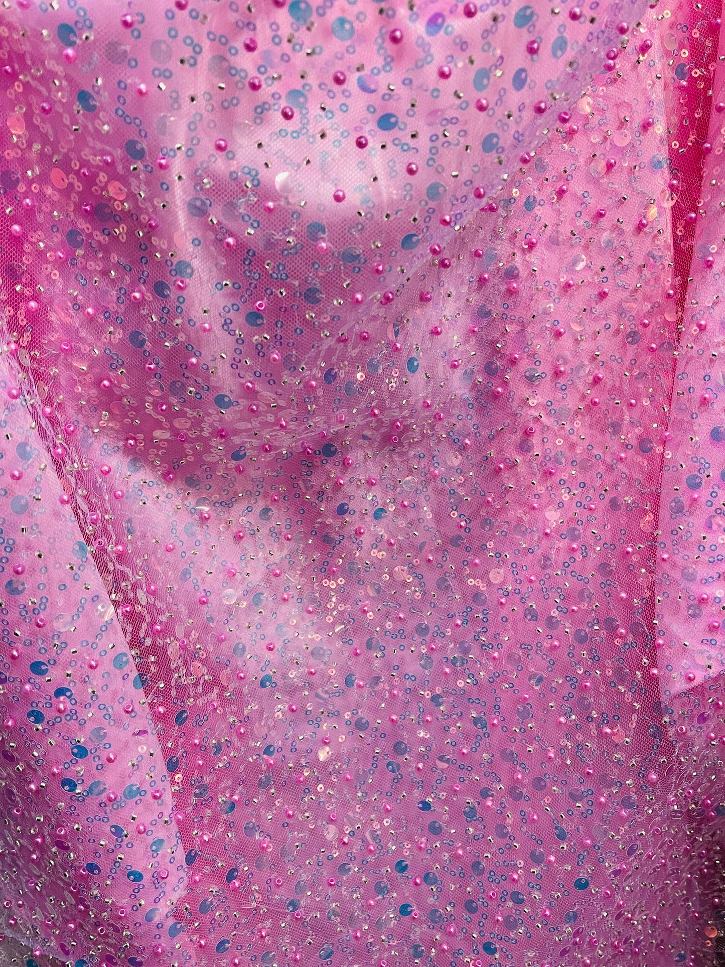 Bobble pink iridescent beaded pores sequins lace made in France