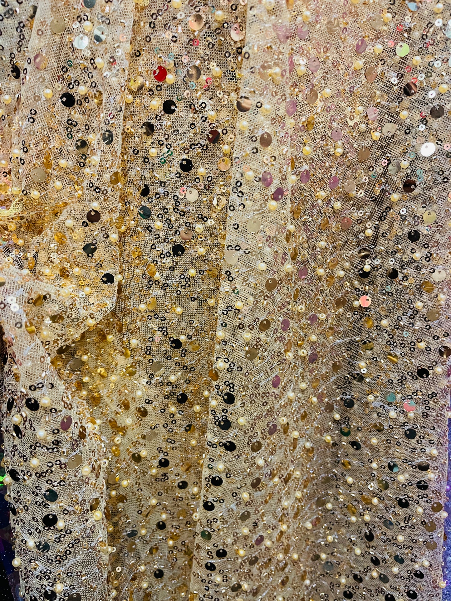 Gold beaded pores sequins lace made in France