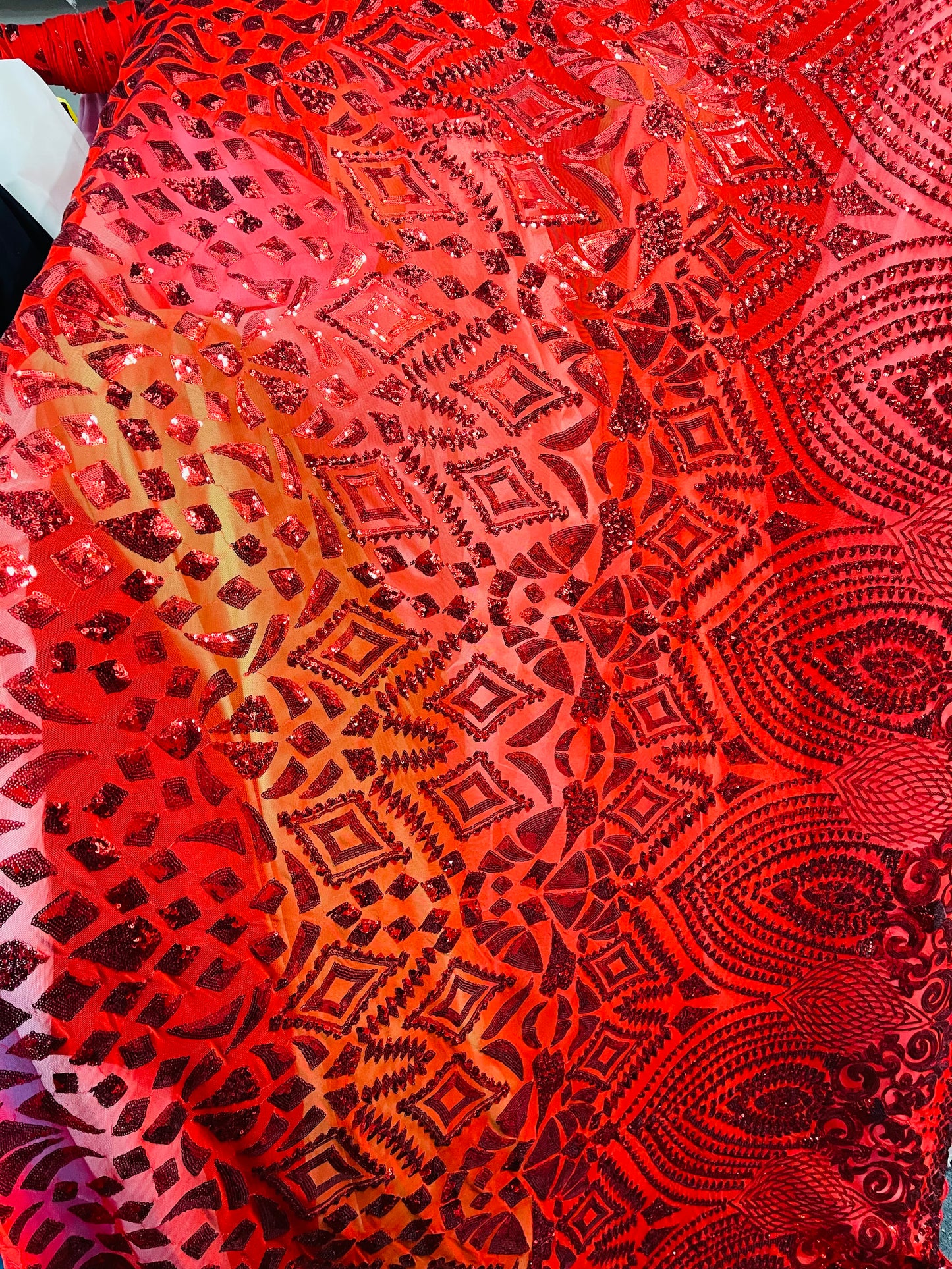 Designer RED 4 WAY LACE sequence lace for prom