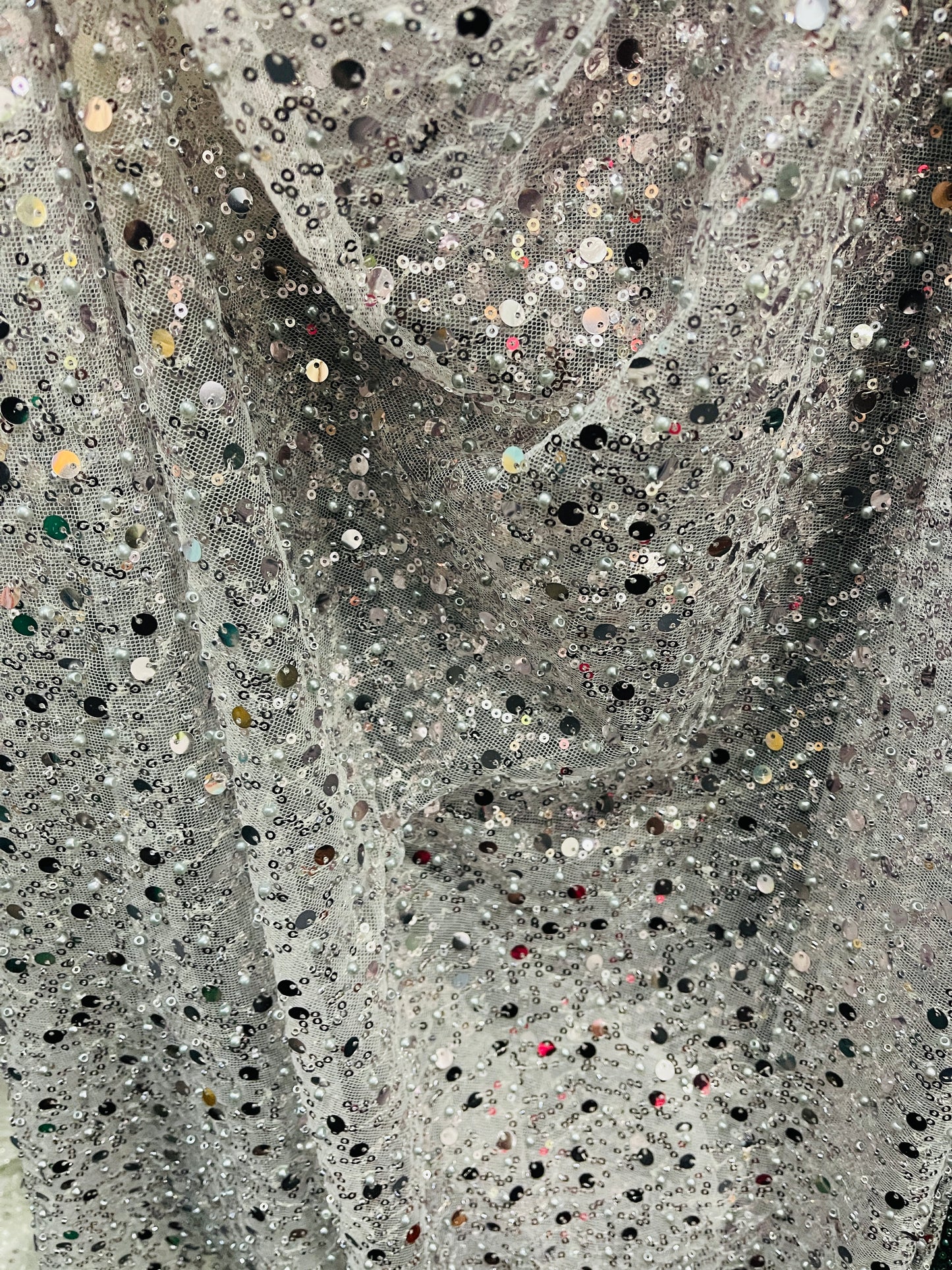 Silver beaded pores sequins lace made in France