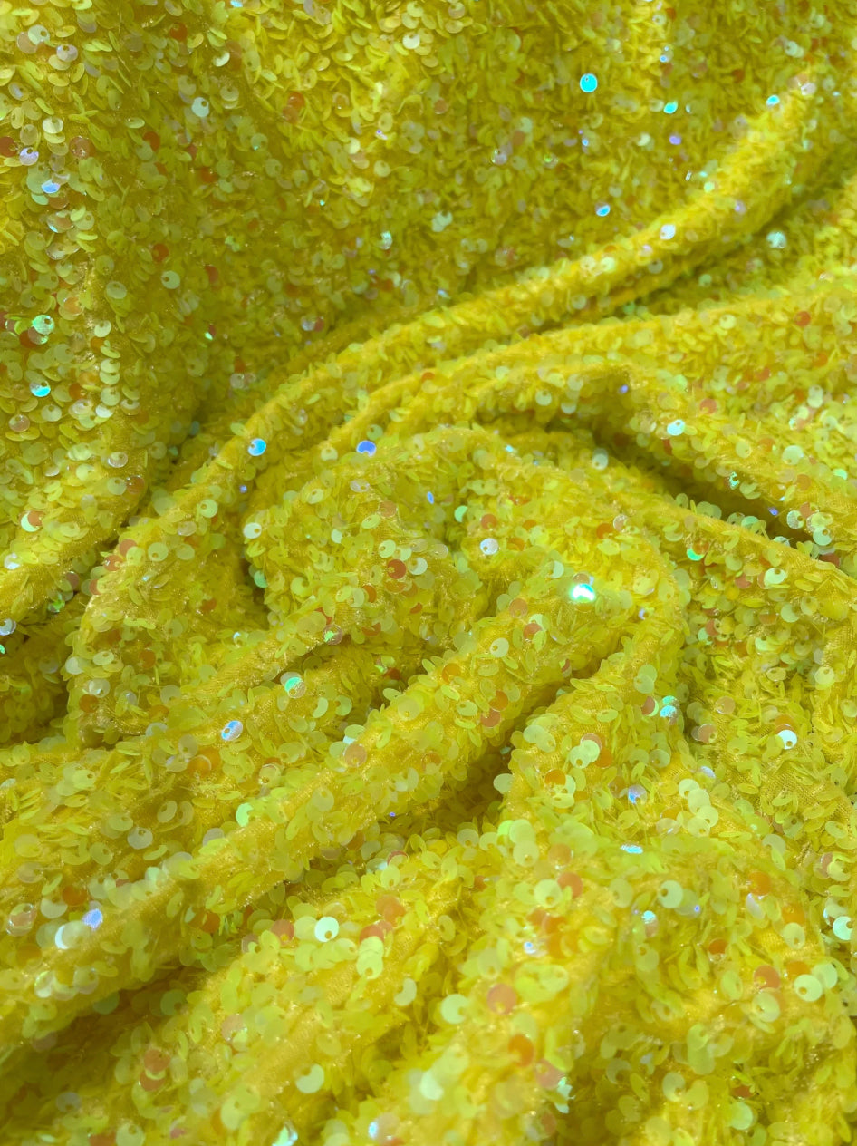 Yellow iridescent 4way stretch velvet sequins velvet great for dress prom jackets pants skirt and much more