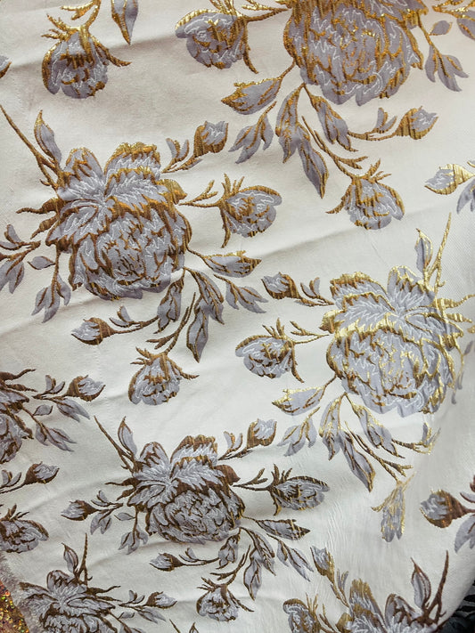 Designer silver with purple metallic flowers brocade mikado made in Italy