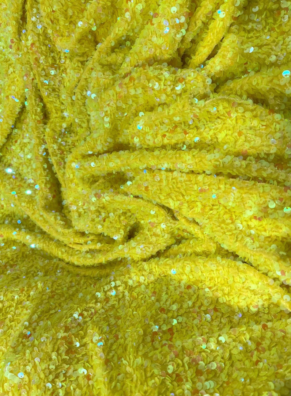 Yellow iridescent 4way stretch velvet sequins velvet great for dress prom jackets pants skirt and much more