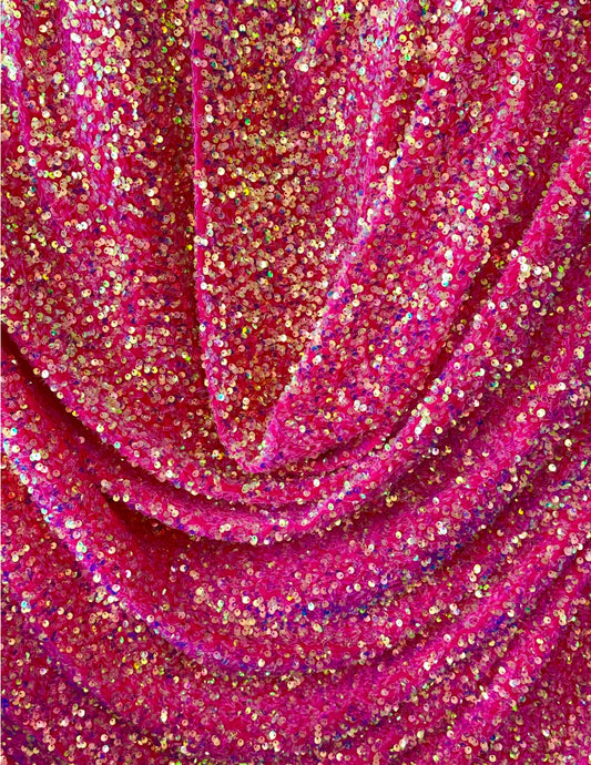 Hot pink iridescent 4way stretch velvet sequins velvet great for dress prom jackets pants skirt and much more