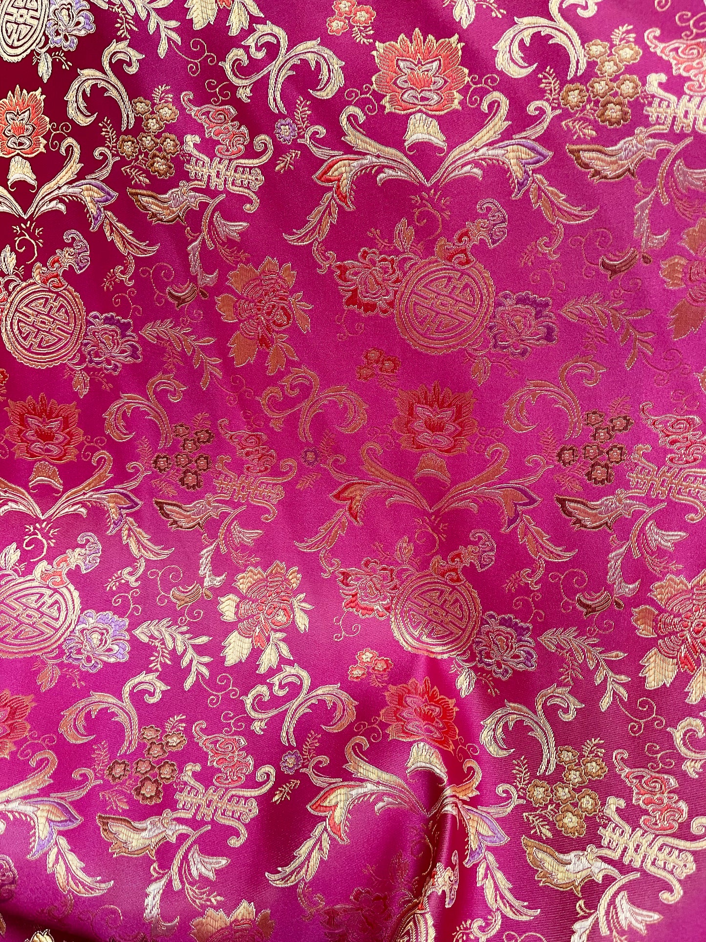 Hot pink and gold Japanese style designer satin Brocade great for dress jacket pants skirt and much more