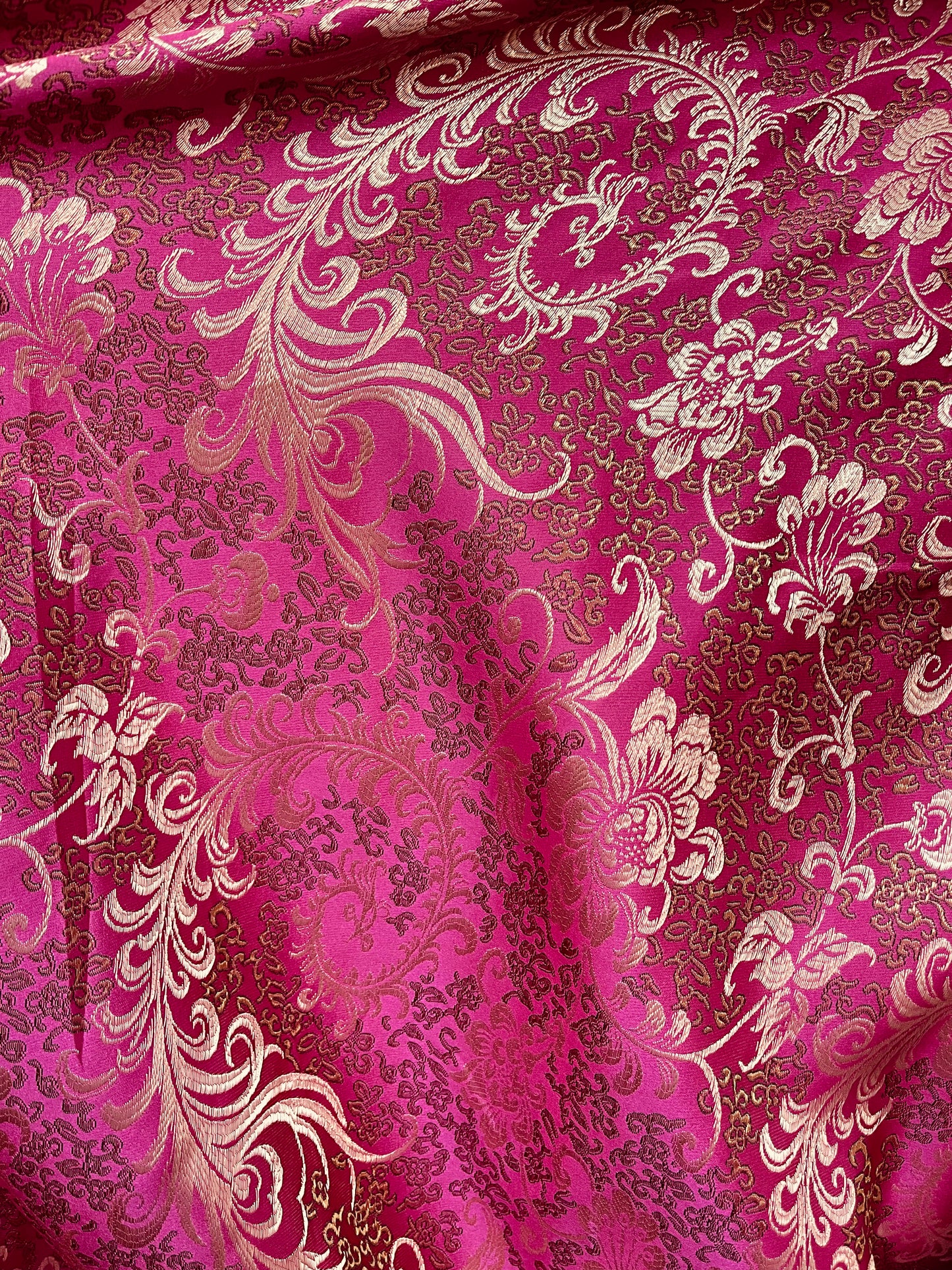 Fuchsia and gold feather style Japanese style brocade great for pants skirt shirt dress pillow cover and much more
