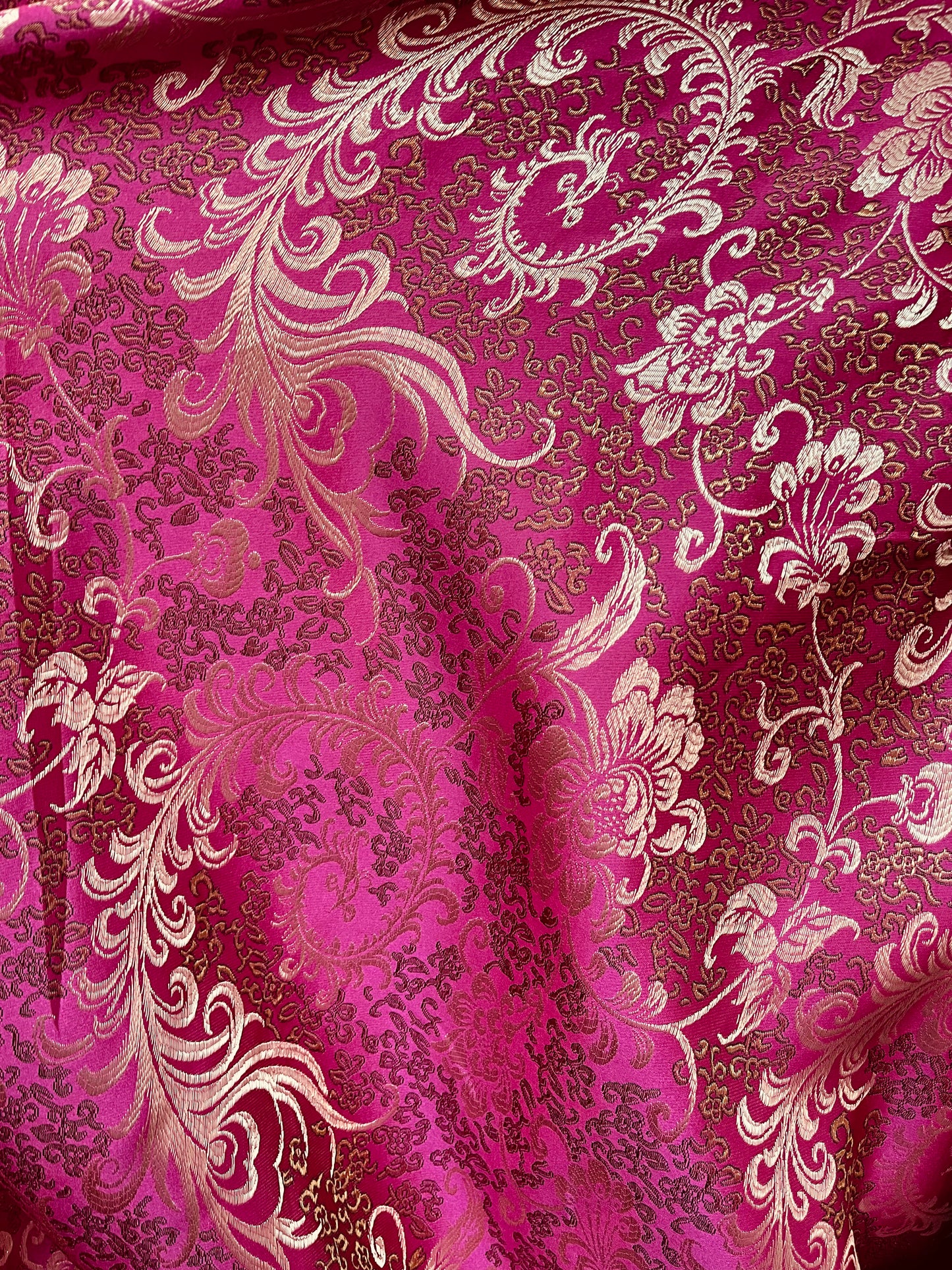 Fuchsia and gold feather style Japanese style brocade great for pants skirt shirt dress pillow cover and much more