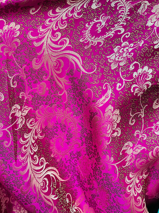 Fuchsia and gold feather style Japanese style brocade great for pants skirt shirt dress pillow cover and much more