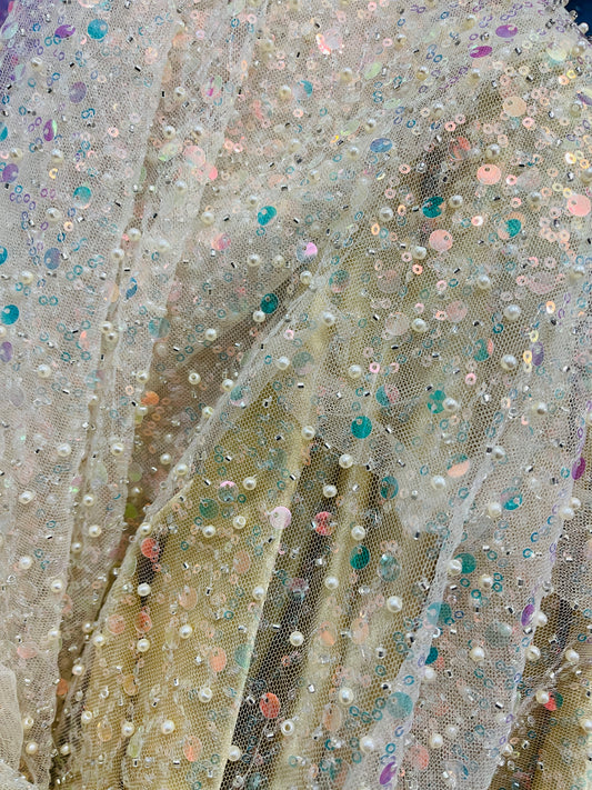 Light yellow iridescent beaded pores sequins lace made in France