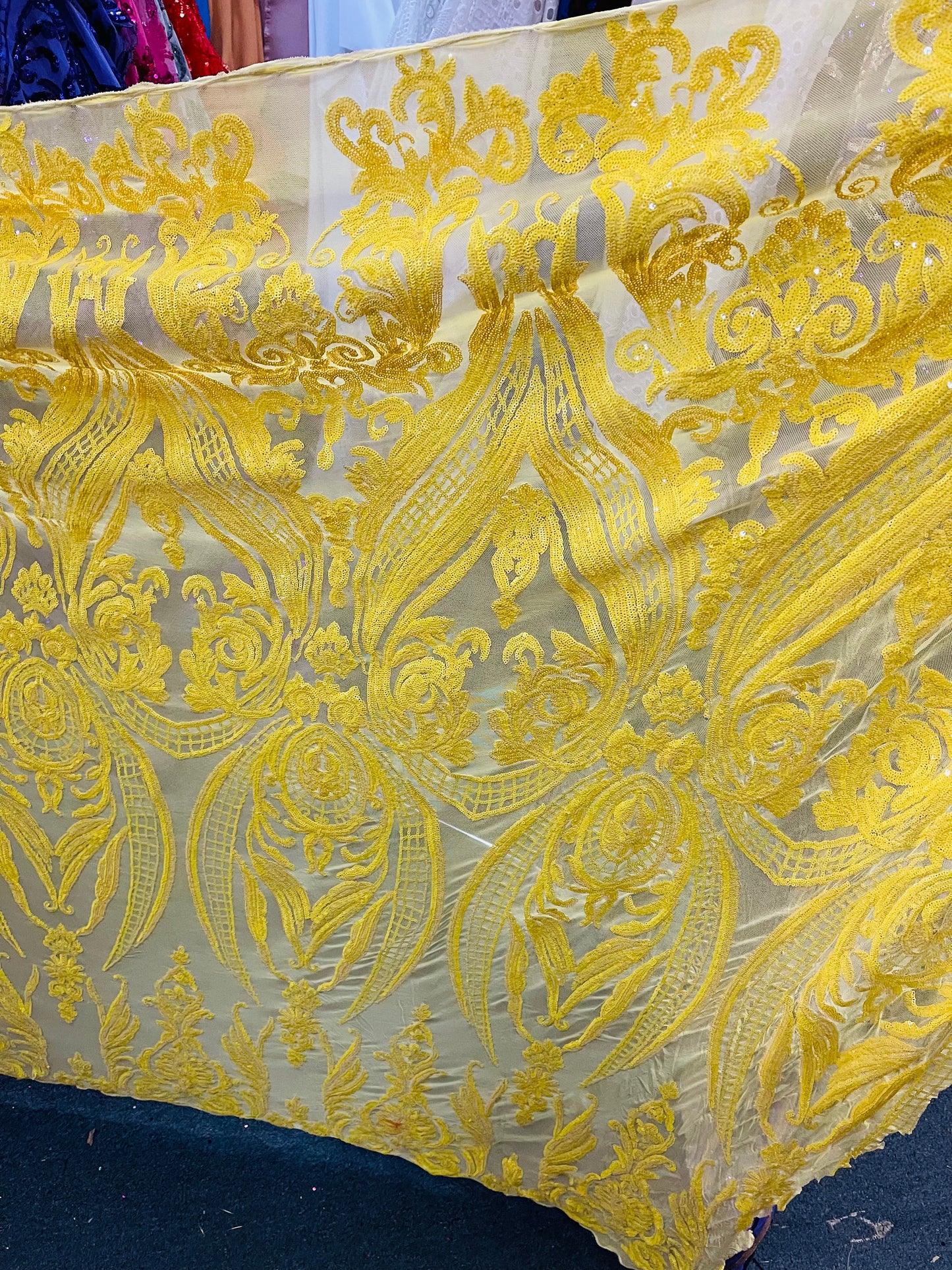 Yellow 4 way sequence lace great fabric for prom and wedding dress and much more