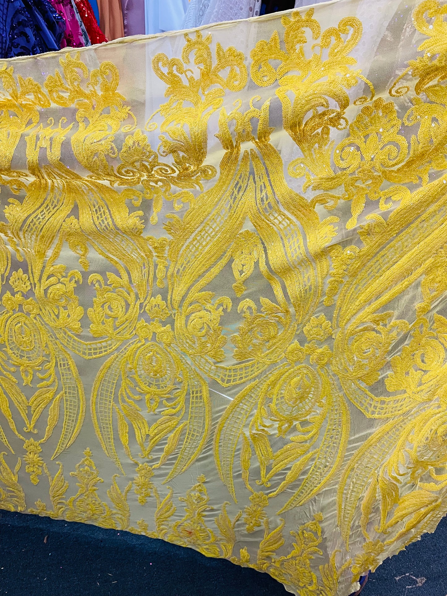 Yellow 4 way sequence lace great fabric for prom and wedding dress and much more