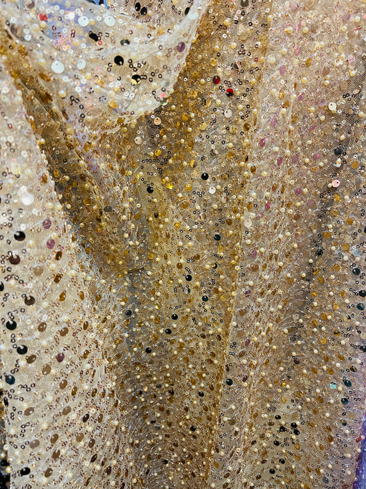 Gold beaded pores sequins lace made in France