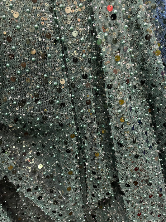 Hunter green  beaded pores sequins lace made in France