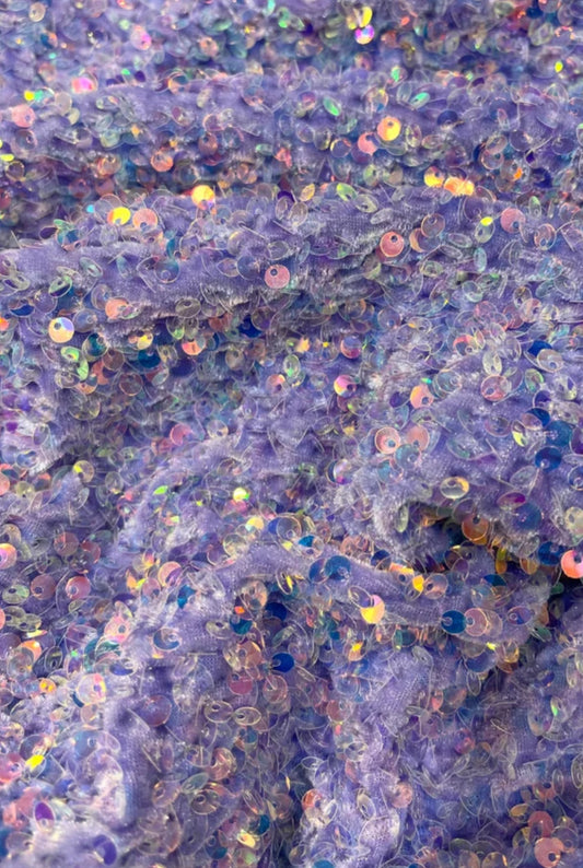 Lilac iridescent Designer 4way stretch velvet sequins lace
