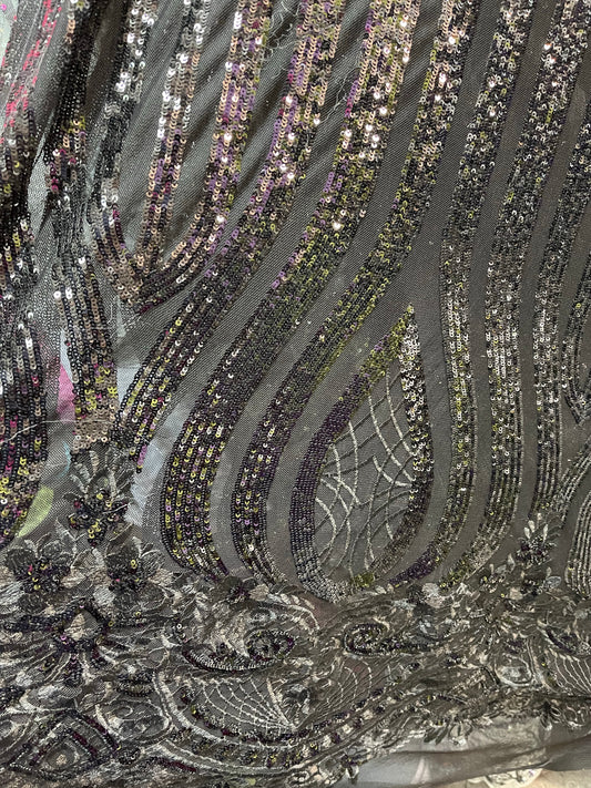 Black shinny 4 WAY LACE sequence lace for prom wedding table cover and much more