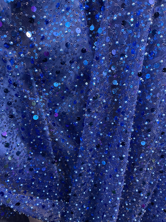 Royal blue beaded pores sequins lace made in France