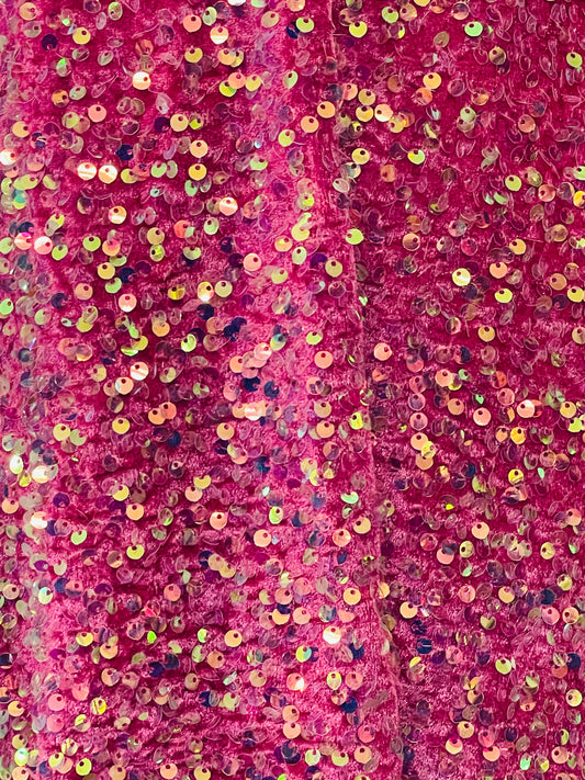 Hot pink iridescent Designer 4way stretch velvet sequins lace