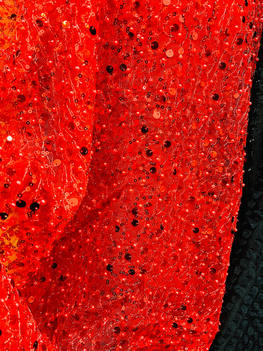 Red beaded pores sequins lace made in France