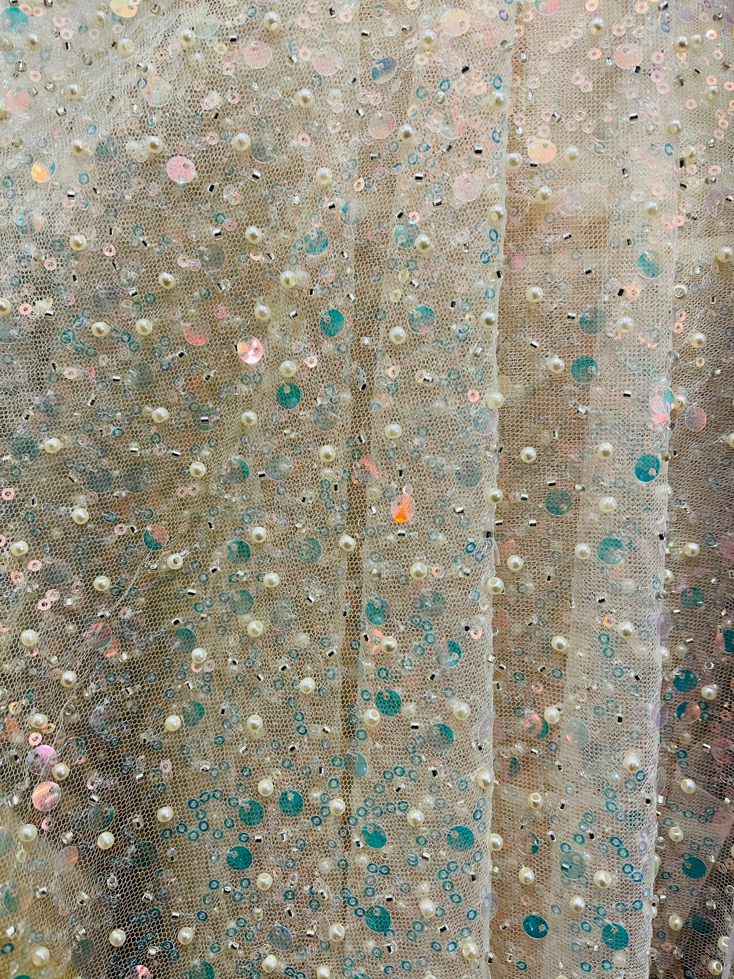 Light yellow iridescent beaded pores sequins lace made in France