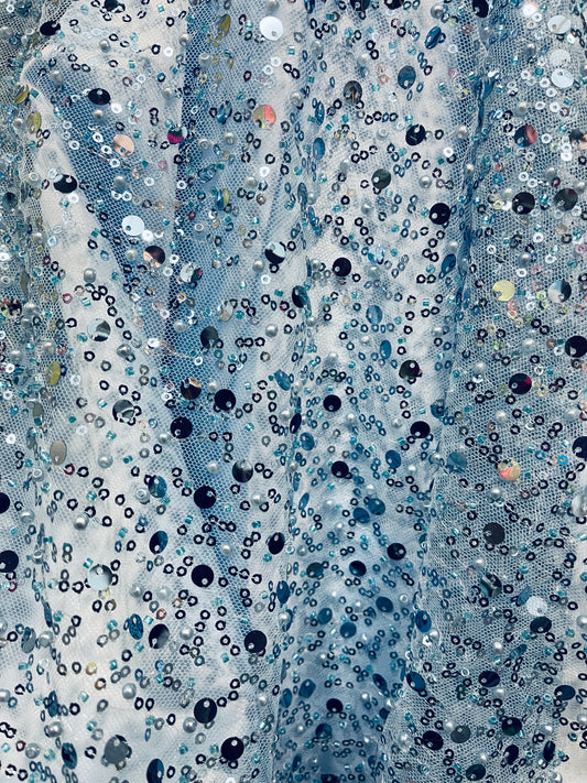 Babe blue beaded pores sequins lace made in France