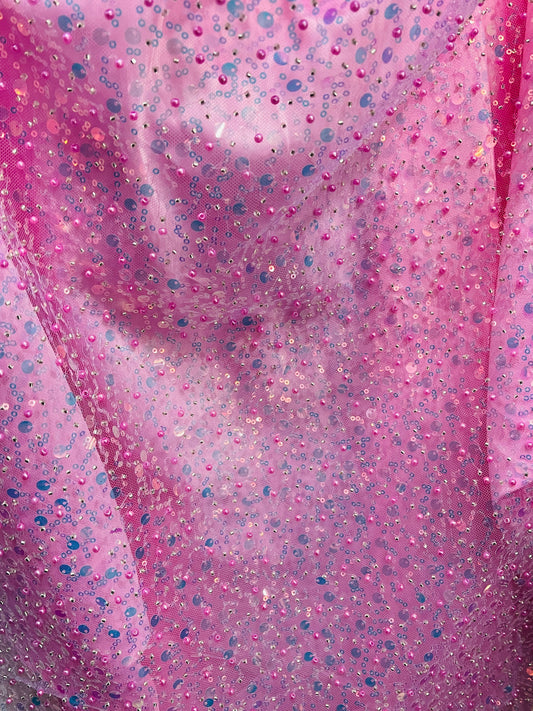 Bobble pink iridescent beaded pores sequins lace made in France