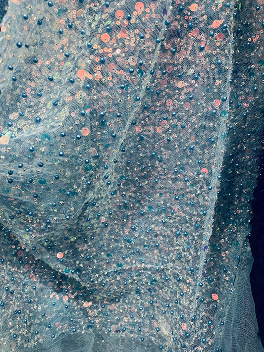 Babe blue iridescent beaded pores sequins lace made in France