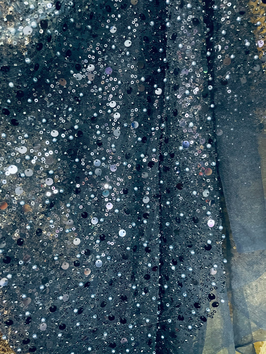Navy blue beaded pores sequins lace made in France